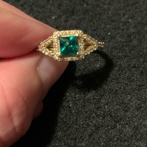 14k Solid Gold CZ and Faceted Cut Emerald Split Shank Halo Ring